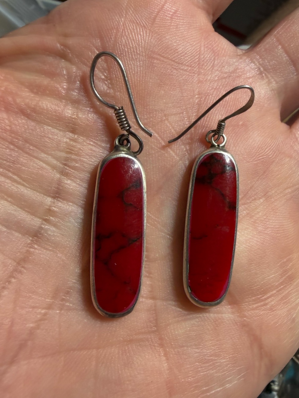 Vintage 925 Sterling Silver Red Stone Drop Earrings